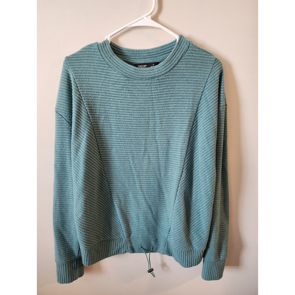 Simply Vera Vera Wang Sweater Womens Medium Teal Ribbed Knit Drawstring Hem